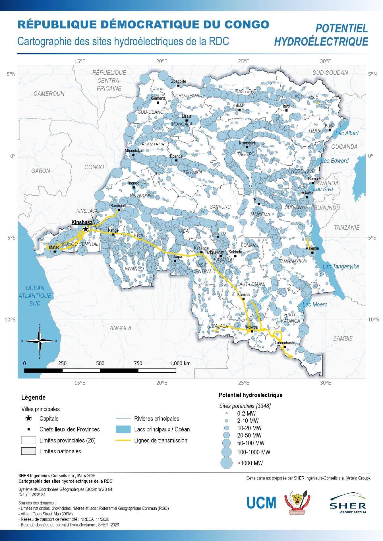 Carte du potentiel hydroélectrique de la République Démocratique du Congo : 3 348 sites potentiels classés par puissance