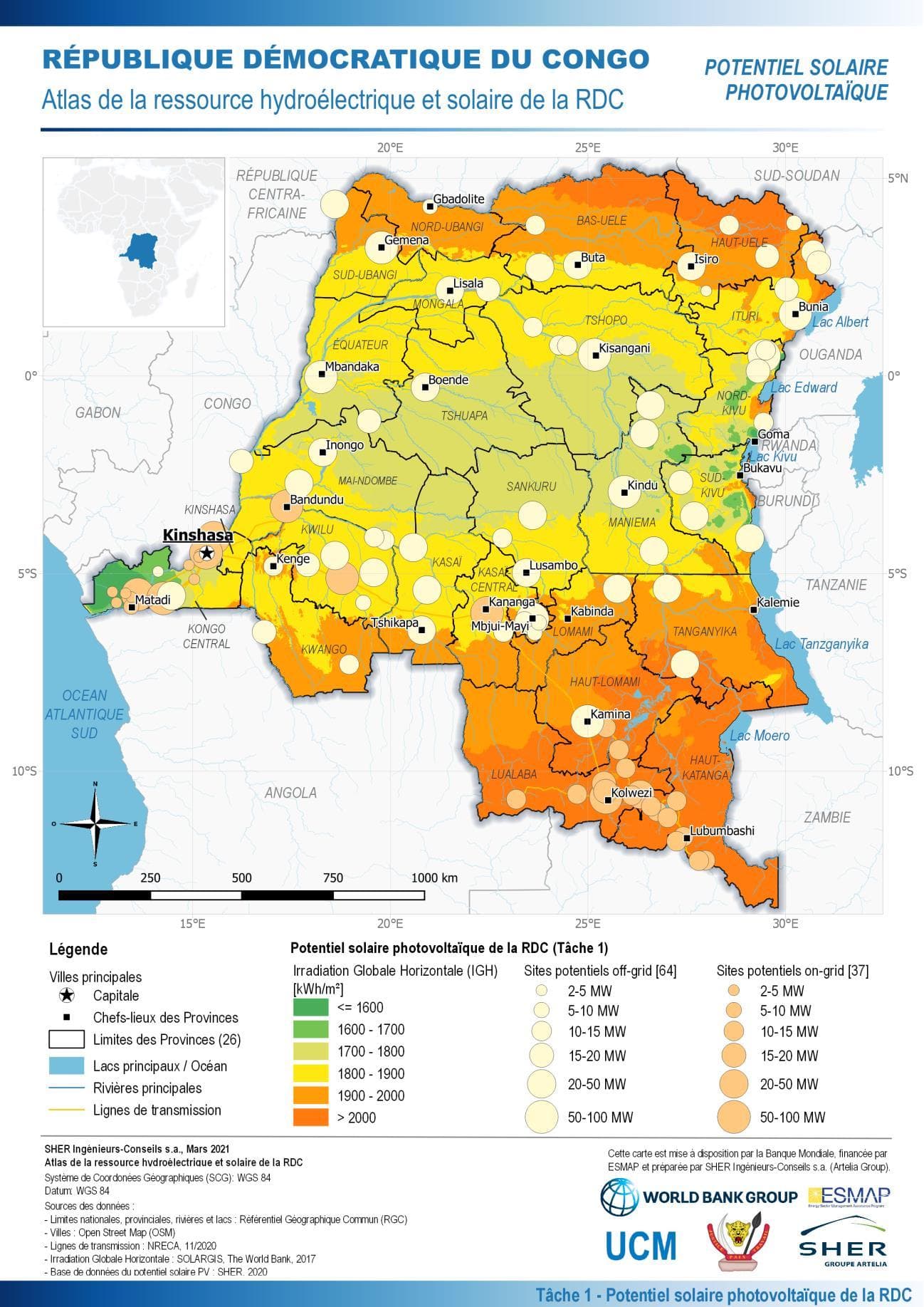 Carte du potentiel solaire photovoltaïque de la République Démocratique du Congo : irradiation et sites potentiels